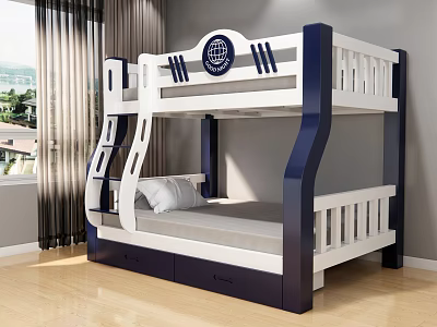 Blue And White Bunk Bed With Ladder Storage Drawers And Decorative Badge 3d model