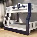 Blue And White Bunk Bed With Ladder Storage Drawers And Decorative Badge