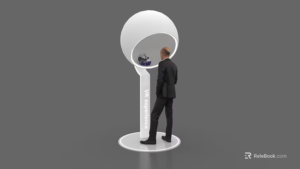 White Spherical VR Experience Island With Man In Suit Using VR Headset And Modern Design 3d model 
