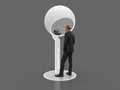 White Spherical VR Experience Island With Man In Suit Using VR Headset And Modern Design 3d model