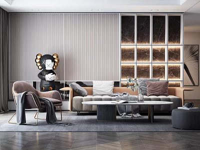 Modern Elegant Sofa And Coffee Table Set With Pillows Armchair Decorative Lighting And Area Rug 3d model