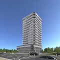 Modern High Rise Office Building Exterior with Curved Glass Facade and Green Trees