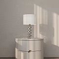White Minimalist Bedside Table With Gold Geometric Base Table Lamp And White Lampshade