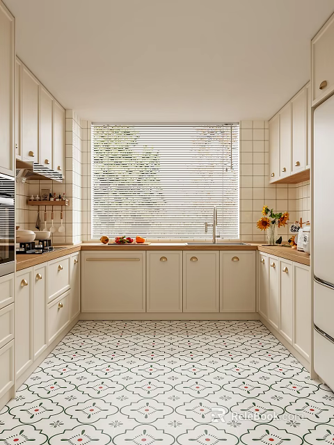 Classic Kitchen Interior With White Cabinets Tiled Walls Window Blinds And Fruits On Countertop 3d model 