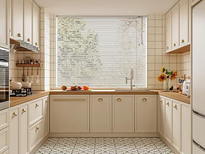Classic Kitchen Interior With White Cabinets Tiled Walls Window Blinds And Fruits On Countertop 3d model