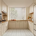 Classic Kitchen Interior With White Cabinets Tiled Walls Window Blinds And Fruits On Countertop