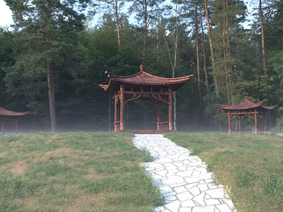 Tranquil Chinese Style Pavilions In Misty Woods With Stone Path And Grass 3d model