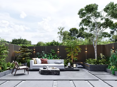 Modern Outdoor Garden Lounge Area With Sofa Chair Coffee Table Green Plants And Trees 3d model