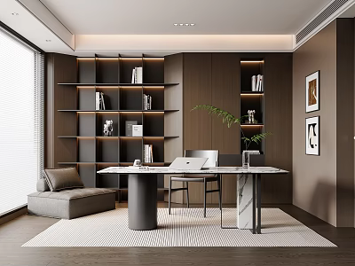 Modern Study Room Interior Design With Wooden Bookshelves Desk Chair Plant And Large Window 3d model