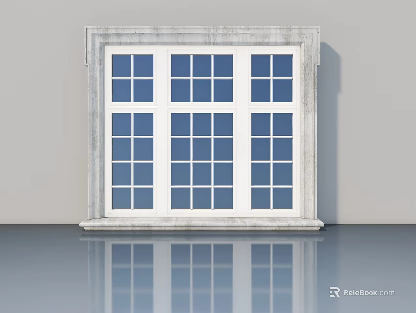 White Frame Casement Door With Glass Panes Against Gray Wall And Reflective Floor 3d model 