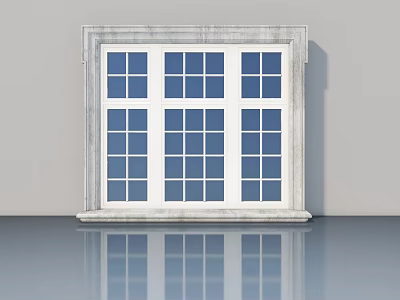 White Frame Casement Door With Glass Panes Against Gray Wall And Reflective Floor 3d model