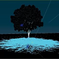 Scenic Blue Wireframe Tree Landscape with Line Structure and Reflection on Dark Background