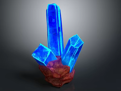 Blue Crystal Cluster With Red Rock Base And Glowing Blue Edges 3d model