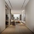 Modern Minimalist Bedroom Interior With Glass Door Wardrobe Bed And Nightstand Decor