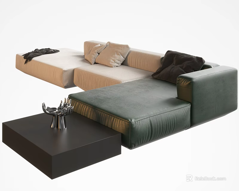 Beige and Green Sectional Sofa with Black Coffee Table and Decorative Items 3d model