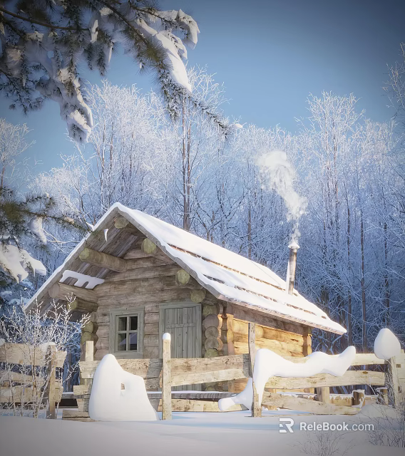 Serene Winter Landscape With Snow Covered Log Cabin Smoking Chimney And Surrounding Trees 3d model 