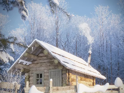 Serene Winter Landscape With Snow Covered Log Cabin Smoking Chimney And Surrounding Trees 3d model