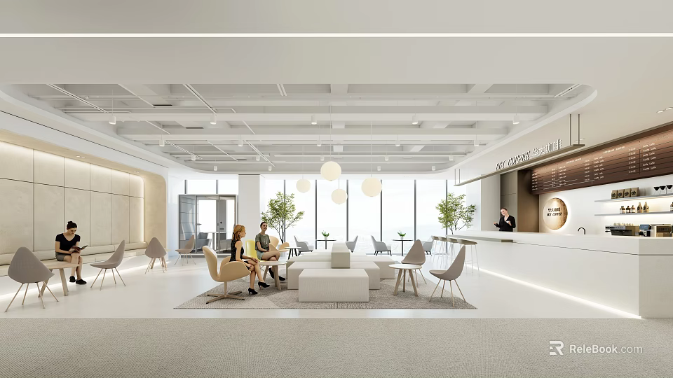 Modern Open Public Office Area With Sofa Chairs Large Windows And Reception Desk 3d model 
