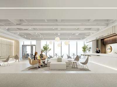 Modern Open Public Office Area With Sofa Chairs Large Windows And Reception Desk 3d model