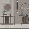 Chinese Style Console Table With Bonsai Plant Circular Decor And Hanging Lamp 3d model