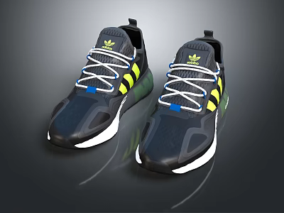 Adidas Modern Sporty Sneakers With Dark Upper Yellow Green Stripes White Laces And White Sole 3d model