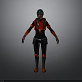 3D Character Model In Black Red Costume With Green Helmet Backpack And Red Knee Pads