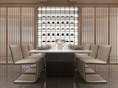 Modern Elegant Dining Room With Dining Table Set Wooden Lattice Panels And Wine Rack Background 3d model