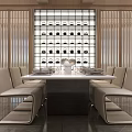 Modern Elegant Dining Room With Dining Table Set Wooden Lattice Panels And Wine Rack Background