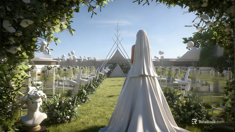 Outdoor Wedding Stage With Green Lawn White Chairs And Bride In Wedding Dress 3d model 