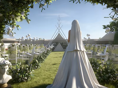 Outdoor Wedding Stage With Green Lawn White Chairs And Bride In Wedding Dress 3d model