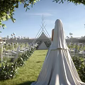 Outdoor Wedding Stage With Green Lawn White Chairs And Bride In Wedding Dress
