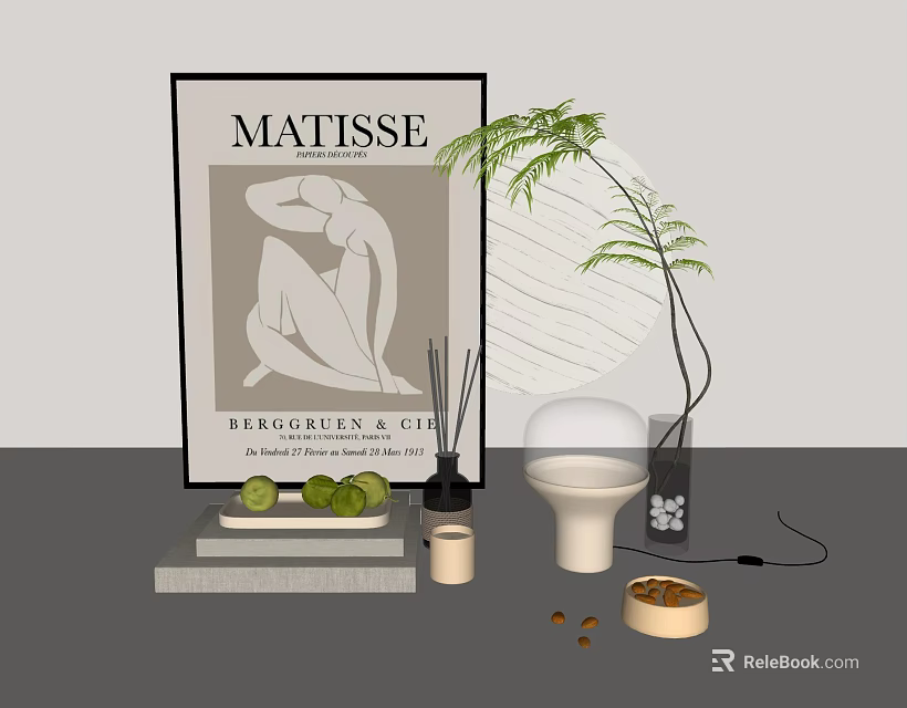 Stylish Ornament Decoration Set with Matisse Poster Green Plant Candle Vase and Geometric Decorations 3d model 