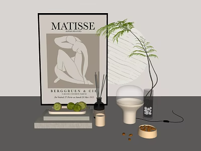 Stylish Ornament Decoration Set with Matisse Poster Green Plant Candle Vase and Geometric Decorations 3d model
