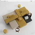 Modern Modular Sofa and Coffee Table Set with Yellow Beige Black Tones and Round Stools 3d model