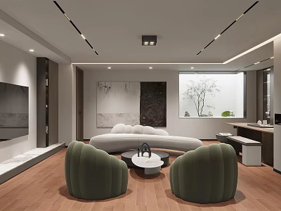 Modern Living Room With White Curved Sofa Green Armchairs Round Coffee Table And Wooden Floor 3d model