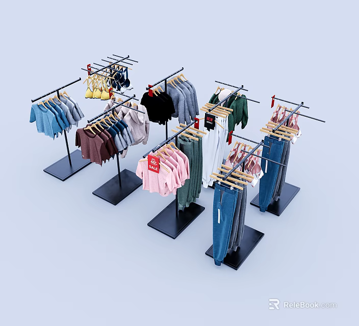 Clothing Store Display With Multiple Racks And Various Colorful Hanging Clothes 3d model 