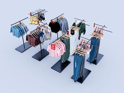 Clothing Store Display With Multiple Racks And Various Colorful Hanging Clothes 3d model