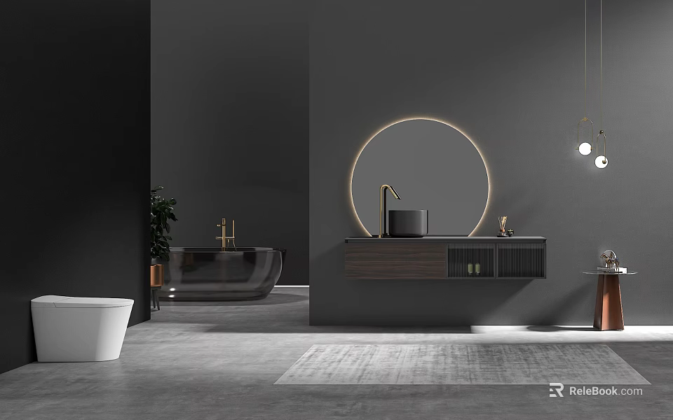 Modern Bathroom Interior Design With Round Mirror Black Vanity Bathtub And Hanging Lights 3d model 