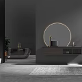 Modern Bathroom Interior Design With Round Mirror Black Vanity Bathtub And Hanging Lights