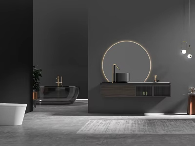 Modern Bathroom Interior Design With Round Mirror Black Vanity Bathtub And Hanging Lights 3d model