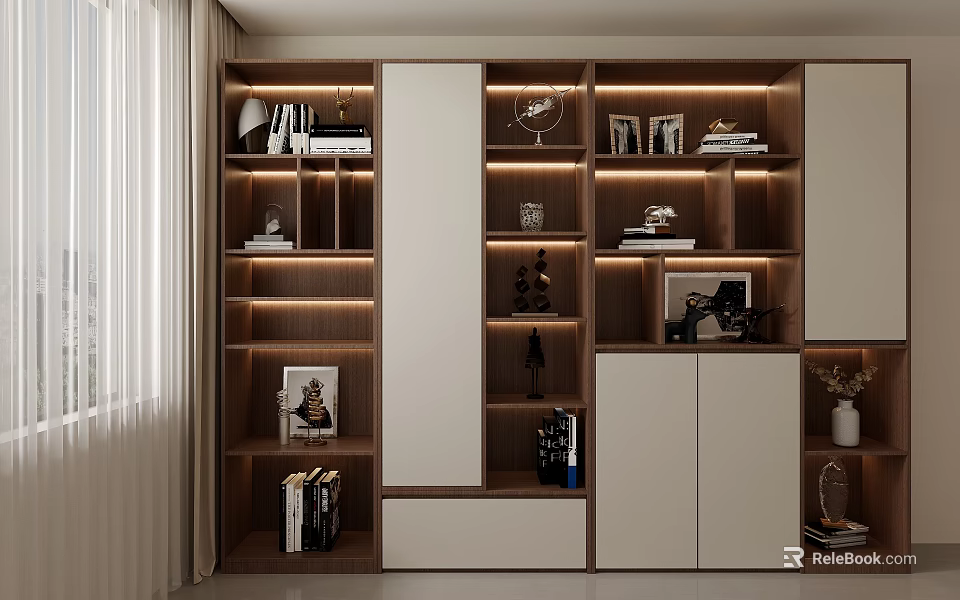 Modern Wooden And White Display Cabinet With Multiple Shelves Books Decorations Photo Frames And Sculptures 3d model 