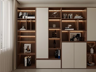Modern Wooden And White Display Cabinet With Multiple Shelves Books Decorations Photo Frames And Sculptures 3d model