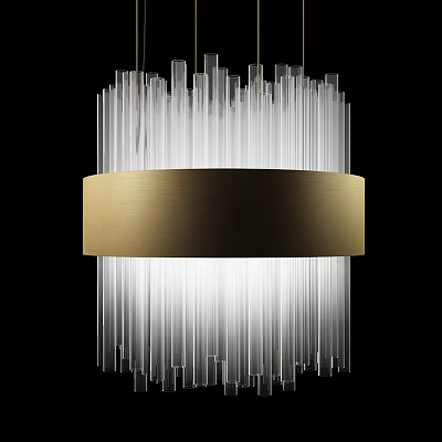 Modern Minimalist Chandelier With Transparent Glass Rods And Golden Metallic Band 3d model