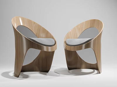Modern Wooden Curved Back Single Chair With Grey Upholstered Seat And Sleek Frame 3d model