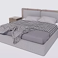 Modern Gray Double Bed with Checkered Bedspread Pillows Striped Blanket and Nightstands 3d model