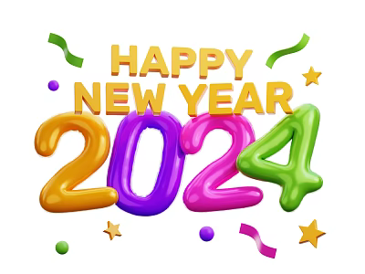 Happy New Year 2024 Colorful Numbers With Golden Text Streamers And Stars 3d model