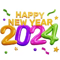 Happy New Year 2024 Colorful Numbers With Golden Text Streamers And Stars