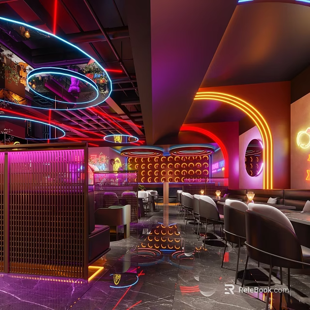 Modern Bar Interior With Colorful Neon Lights Wine Racks And Comfortable Seating 3d model 