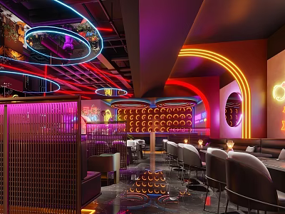 Modern Bar Interior With Colorful Neon Lights Wine Racks And Comfortable Seating 3d model