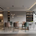 Modern Luxury Restaurant With Marble Bar Pendant Lights Leather Dining Chairs Green Plants And Bookshelves